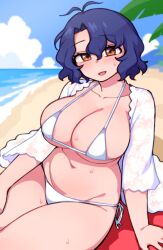 Rule 34 | 1girl, antenna hair, areola slip, arm at side, beach, beach towel, bikini, blue hair, blue sky, blush, breasts, cleavage, cloud, collarbone, commentary request, cowboy shot, day, floral print, hair between eyes, halterneck, hand on own thigh, horizon, idolmaster, idolmaster million live!, korean commentary, kwaejina, large breasts, long sleeves, looking at viewer, micro bikini, mixed-language commentary, navel, ocean, on ground, open clothes, open shirt, orange eyes, outdoors, parted lips, print shirt, see-through, shirt, short hair, side-tie bikini bottom, sitting, sky, solo, stomach, string bikini, sweat, swimsuit, swimsuit cover-up, towel, toyokawa fuka, wavy hair, white bikini, white shirt