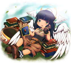 Rule 34 | 1girl, armor, belt, black hair, blunt bangs, blush, book, book stack, breastplate, brown belt, brown footwear, brown gloves, brown shorts, cart, commentary, feathered wings, fingerless gloves, full body, gloves, grass, green eyes, head rest, head wings, highres, kalen manbou, looking at viewer, open mouth, ragnarok online, reading, reclining, shoes, shorts, solo, standing, super novice (ragnarok online), white wings, wings