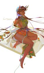 Rule 34 | 1girl, absurdres, animal ears, anklet, bare shoulders, barefoot, bead anklet, branch, breasts, brown hair, coat, coin (ornament), commentary, dark-skinned female, dark skin, eyelashes, facial mark, floating hair, food, fruit, full body, highres, horn ornament, horn ring, horns, ilion, invisible chair, jewelry, long hair, looking away, mole, mole under mouth, multiple horns, necklace, off shoulder, original, pendant, pointy ears, profile, sash, sideboob, simple background, sitting, solo, symbol-only commentary, tabard, white background, white coat, yellow eyes