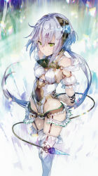 Rule 34 | absurdres, ahoge, atelier (series), atelier sophie, bodysuit, breasts, chromatic aberration, crystal, detached sleeves, frilled thighhighs, frills, from side, game cg, garter straps, green eyes, grey hair, halterneck, headband, highres, hip vent, interlocked fingers, legs together, leotard, long hair, parted bangs, short hair, small breasts, smile, solo, standing, tail, thighhighs, very long hair, white bodysuit, white thighhighs, yuugen