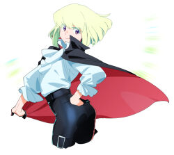 Rule 34 | 1boy, ahoge, arched back, ascot, ass, belt, black cape, black gloves, black pants, blonde hair, cape, colored eyelashes, cowboy shot, fang, floating hair, frilled sleeves, frills, from behind, gloves, half gloves, high-waist pants, leather, leather pants, lio fotia, long sleeves, looking at viewer, looking back, male focus, no jacket, ns1123, pants, promare, puffy sleeves, purple eyes, shirt, short hair, simple background, skin fang, smile, solo, thigh belt, thigh strap, trap, vampire, white ascot, white background, white shirt, wind