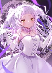Rule 34 | 1girl, absurdres, arched bangs, bare shoulders, blunt bangs, blush, breasts, choker, cleavage, closed mouth, dress, elbow gloves, flower, frilled choker, frills, gloves, grey hair, hair flower, hair ornament, highres, hololive, ineka ka, long hair, looking at viewer, murasaki shion, ribbon, small breasts, smile, solo, tiara, two side up, virtual youtuber, white dress, white gloves, white ribbon, yellow eyes