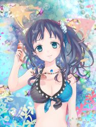 Rule 34 | 10s, 1girl, bikini, bikini top only, blue eyes, blue hair, breasts, cleavage, conch, front-tie top, hacco, hiradaira chisaki, jewelry, long hair, looking at viewer, matching hair/eyes, nagi no asukara, necklace, shell, side ponytail, smile, solo, striped, swimsuit