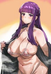 Rule 34 | 1girl, areola slip, bikini, black coat, blunt bangs, bow (bhp), breasts, butterfly hair ornament, cleavage, closed mouth, coat, collarbone, covered erect nipples, cut bangs, expressionless, fern (sousou no frieren), hair ornament, highleg, highleg bikini, huge breasts, large areolae, long coat, long hair, long sleeves, looking at viewer, navel, nipples, off shoulder, open clothes, open coat, purple eyes, purple hair, see-through, simple background, skindentation, solo, sousou no frieren, steam, steaming body, straight hair, sweatdrop, swimsuit, white bikini