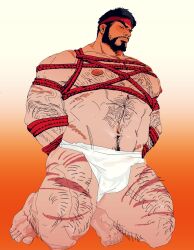 Rule 34 | 1boy, abs, arms behind back, bamashengze, bara, barefoot, black hair, blush, bound, bound arms, briefs, bulge, highres, kneeling, large pectorals, male focus, male underwear, mature male, muscular, muscular male, navel, navel hair, nipples, pectorals, red rope, rope, rope marks, ryu (street fighter), shibari, short hair, solo, stomach, street fighter, street fighter 6, strongman waist, thick eyebrows, topless male, underwear, wet, wet clothes, wet male underwear, whip marks, white male underwear
