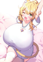 Rule 34 | 1girl, animal ear fluff, animal ears, arm up, blonde hair, blush, borrowed character, breasts, cat ears, cat girl, cat tail, collarbone, diamond (shape), dress, fang, female focus, from above, gem, gigantic breasts, green eyes, highres, hikotou (sao73cat), huge breasts, long hair, looking at viewer, looking up, one eye closed, open mouth, original, oversized clothes, oversized shirt, purple gemstone, shirt, short sleeves, sidelocks, simple background, sitting, skin fang, skindentation, solo, stretching, tail, thighhighs, thighs, white background, white shirt, white thighhighs, yawning