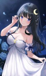 Rule 34 | 1girl, arm garter, bare shoulders, beads, black hair, blue eyes, blue flower, blue nails, blue rose, breasts, cleavage, closed mouth, commentary, crescent, crescent hair ornament, dress, falling petals, flower, frilled garter, glint, hair ornament, highres, holding, leaf, leaning to the side, long hair, looking at viewer, medium breasts, nail polish, night, night sky, original, petals, rose, rose petals, shaluna, skirt hold, sky, sleeveless, sleeveless dress, smile, solo, star (sky), starry sky, strapless, strapless dress, wet, white dress
