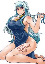 Rule 34 | 1girl, 2017, alternate costume, armpits, bare shoulders, blue hair, breasts, china dress, chinese clothes, dress, eyebrows, happy new year, heiseikorotaisei, kamishirasawa keine, large breasts, long hair, looking at viewer, medium breasts, new year, no bra, no panties, red eyes, serious, side slit, sideboob, sitting, solo, thick eyebrows, thighs, touhou