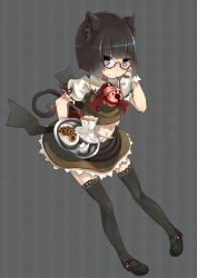 Rule 34 | animal ears, bad id, bad pixiv id, bell, cat ears, cat tail, cookie, food, glasses, nano dayo, short hair, solo, tail, tea, thighhighs, tray