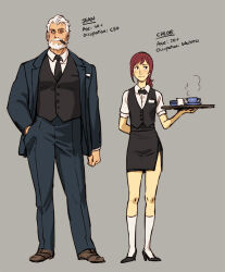 Rule 34 | 1boy, 1girl, age difference, arm at side, arm behind back, beard, black bow, black bowtie, black necktie, black skirt, black vest, blue jacket, blue pants, blush, bow, bowtie, breasts, brown eyes, brown footwear, business suit, character sheet, chloe (saagelius), cigar, closed mouth, commentary, cup, dress shirt, english commentary, english text, facial hair, formal, full body, grey background, hand in pocket, height difference, high heels, holding, holding tray, jacket, jean (saagelius), kneehighs, long hair, long sleeves, looking away, mouth hold, mustache, name tag, necktie, open clothes, open jacket, original, pants, pencil skirt, pocket square, ponytail, pumps, red hair, saagelius, serving, shirt, shoes, short sleeves, side-by-side, side slit, sidelocks, simple background, skirt, small breasts, smile, smoking, socks, standing, steam, suit, suit jacket, teacup, tray, vest, waistcoat, waitress, white hair, white shirt, white socks