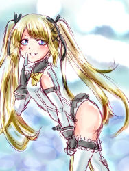 Rule 34 | 1girl, ass, ayukazu, blonde hair, blue eyes, breasts, dead or alive, dead or alive 5, detached sleeves, finger to mouth, frilled thighhighs, frills, gloves, hair ribbon, highres, leotard, long hair, looking at viewer, marie rose, ribbon, small breasts, solo, thighhighs, twintails, white thighhighs