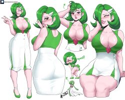 Rule 34 | 1girl, absurdres, ass, bare shoulders, blush, breasts, creatures (company), dress, echo saber, from behind, game freak, gardevoir, gen 3 pokemon, green hair, hair over one eye, highres, large breasts, looking at viewer, looking back, nail polish, nintendo, personification, pokemon, red eyes, shiny skin, short hair, sideboob, skirt, smile, solo