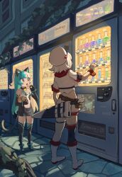 Rule 34 | + +, 2girls, animal ears, bell, blue hair, boots, building, cat ears, cat girl, cat tail, cobblestone, crop top, dress, eating, elbow gloves, fantasy, female focus, food, gloves, halterneck, hat, high heels, highres, holding, holding food, jingle bell, moutama, multiple girls, night, nina (greentanuki), open mouth, original, plant, potion, shadow, sheath, sheathed, short dress, short sleeves, single thighhigh, skirt, sleeveless, standing, sword, tail, thigh boots, thigh strap, thighhighs, vending machine, vines, weapon, white hair, white headwear