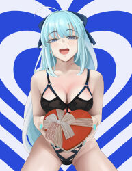 Rule 34 | 1girl, absurdres, ahoge, bare shoulders, black bow, black bra, black panties, blue eyes, bow, box, bra, braid, breasts, cleavage, fate/grand order, fate (series), french braid, gift, gift box, grey hair, hair bow, heart-shaped box, highres, large breasts, long hair, looking at viewer, morgan le fay (fate), open mouth, panties, ponytail, quatthro, sidelocks, smile, solo, thighs, underwear, valentine, very long hair