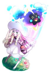 Rule 34 | 1girl, ^ ^, absurdres, bad id, bad pixiv id, bag, blonde hair, blunt bangs, blush stickers, braid, closed eyes, commentary request, cosmog, creatures (company), dress, duffel bag, flower, game freak, gen 7 pokemon, green eyes, green footwear, hand on headwear, hat, highres, kouno sumiko, legendary pokemon, lillie (pokemon), long hair, looking up, nintendo, open mouth, poke ball symbol, pokemon, pokemon (creature), pokemon sm, shoes, signature, simple background, sleeveless, smile, sparkle, sun hat, sundress, twin braids, very long hair, white background, white dress, white hat, white legwear