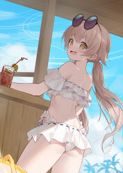 Rule 34 | 1girl, absurdres, bikini, bikini skirt, blue archive, blush, commentary request, cowboy shot, day, eyewear on head, frilled bikini, frills, from behind, hifumi (blue archive), hifumi (swimsuit) (blue archive), highres, jiusan naitang, light brown hair, long hair, looking at viewer, looking to the side, off-shoulder bikini, off shoulder, open mouth, outdoors, ponytail, solo, sunglasses, sweat, swimsuit, white bikini, yellow eyes