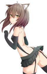 Rule 34 | 10s, 1girl, absurdres, ahoge, animal ears, arched back, ass, back, bare back, black gloves, black skirt, black thighhighs, blush, breasts, brown eyes, brown hair, cat ears, elbow gloves, eyebrows, gloves, hair between eyes, highres, kantai collection, kemonomimi mode, looking at viewer, looking back, miniskirt, pleated skirt, shinta (the-mattyaman), skirt, small breasts, smile, solo, taihou (kancolle), thighhighs