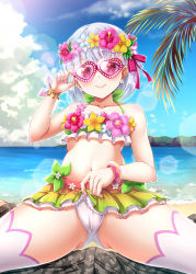 Rule 34 | 1boy, 1girl, absurdres, bare shoulders, beach, bikini, blue sky, blush, bracelet, breasts, cameltoe, collarbone, crotch, earrings, fate/grand order, fate (series), flower earrings, flower wreath, girl on top, gluteal fold, green bikini, hair ribbon, head wreath, heart, heart-shaped eyewear, highres, jewelry, kama (fate), kama (swimsuit avenger) (fate), kama (swimsuit avenger) (first ascension) (fate), looking at viewer, miniskirt, navel, palm leaf, rainbow skirt, red eyes, ribbon, shore, short hair, sitting, sitting on person, skirt, sky, small breasts, smile, solo focus, sunglasses, swimsuit, thighhighs, thighs, tinted eyewear, tsukumokazuki, white hair, white thighhighs