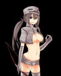 Rule 34 | 1girl, at2., black background, black eyes, black hair, bow (weapon), breasts, cleavage, cleavage cutout, clothing cutout, elbow gloves, gloves, hat, jpeg artifacts, large breasts, long hair, minecraft, navel, personification, short shorts, shorts, simple background, skeleton (minecraft), smile, solo, thighhighs, twintails, weapon