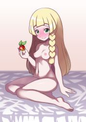 Rule 34 | bare arms, bare legs, bare shoulders, barefoot, bed sheet, belly, blonde hair, braid, breasts, collarbone, creatures (company), eyelashes, feet, food, fruit, game freak, highres, holding, holding food, kohatsuka, legs, lillie (pokemon), long hair, navel, nintendo, nipples, on bed, pink background, pokemon, pokemon sm, shadow, simple background, sitting, small breasts, stomach, thick thighs, thighs