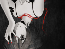 Rule 34 | 1girl, arm tattoo, artist request, black background, breast tattoo, dark, doutoku no jukai (vocaloid), meiko (vocaloid), nail polish, one eye covered, red nails, red theme, short hair, simple background, solo, spot color, tattoo, vocaloid
