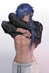 Rule 34 | 1boy, abs, absurdres, alternate costume, antenna hair, arms up, black shirt, blue hair, cheng25598, closed mouth, dark-skinned male, dark skin, drawstring, earrings, eyelashes, eyepatch, genshin impact, gradient background, grey background, hair over one eye, highres, jewelry, kaeya (genshin impact), long hair, long sleeves, looking at viewer, male focus, multicolored hair, navel, one eye covered, pants, parted bangs, purple eyes, serious, shirt, sidelocks, single earring, solo, standing, star-shaped pupils, star (symbol), stomach, streaked hair, swept bangs, symbol-shaped pupils, white background, white pants