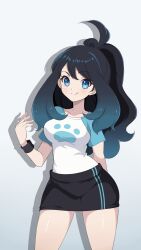 Rule 34 | 1girl, ahoge, black hair, black skirt, blue eyes, character request, chocomiru, commentary request, copyright request, cowboy shot, highres, long hair, looking at viewer, paw print, shadow, short sleeves, simple background, skirt, smile, solo, white background, wristband