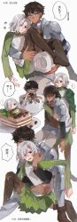 Rule 34 | ..., 2boys, absurdres, armor, bags under eyes, behind another, black eyes, black hair, blood, blood on clothes, blue eyes, boots, cake, carrying, carrying person, chainmail, chibi, chinese commentary, chinese text, cup, curly hair, dark-skinned male, dark skin, dungeon meshi, elf, food, gorget, grabbing, grabbing from behind, grey hair, highres, holding, holding spoon, kabru, lazy eye, leather armor, long sleeves, lying, male focus, mini person, miniboy, mithrun, multiple boys, multiple views, notched ear, nulipai, on back, pauldrons, plate, pointy ears, princess carry, short hair, shoulder armor, simple background, single pauldron, sitting, spoken ellipsis, spoon, sweatdrop, teacup, thigh boots, tunic, uneven eyes, wet, wet clothes, white background