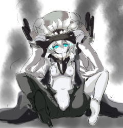 Rule 34 | 10s, 1girl, abyssal ship, bad id, bad pixiv id, bar censor, breasts, censored, glowing, glowing eyes, kantai collection, looking at viewer, medium breasts, monochrome, nipples, solo, spot color, wo-class aircraft carrier, yu-ves