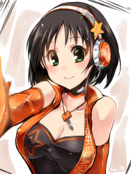 Rule 34 | 10s, 1girl, artist name, bad id, bad pixiv id, bare shoulders, black hair, blush, breasts, cleavage, collarbone, elbow gloves, glint, gloves, green eyes, harada miyo, headset, highres, idolmaster, idolmaster cinderella girls, jewelry, key, looking at viewer, necklace, orange gloves, paopao, short hair, smile, solo, star (symbol), taut clothes