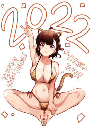 Rule 34 | 1girl, 2022, absurdres, animal print, armpits, ayana (liberty manurung), bikini, bow, breasts, brown hair, chinese zodiac, cleavage, hair bow, happy new year, highres, knees apart feet together, large breasts, liberty manurung, looking at viewer, medium hair, navel, new year, original, polka dot, polka dot bow, print bikini, red bow, red eyes, shadow, solo, swimsuit, tail, thank you, tiger print, tiger tail, v, white background, year of the tiger