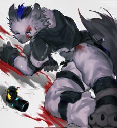 Rule 34 | 1boy, animal ear piercing, arknights, black gloves, black jacket, blood, blood on face, blue eyes, claws, eyebrow piercing, fingerless gloves, furry, furry female, furry male, gloves, grey pants, grimace, highres, hyena boy, injury, jacket, light particles, looking at viewer, male focus, multicolored hair, p7ywirzyw8lesuc, pants, piercing, sharp teeth, solo, spot (arknights), streaked hair, sweatdrop, teeth, toe claws, translation request