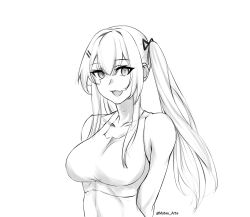 Rule 34 | 1girl, absurdres, arms behind back, artist name, bare shoulders, breasts, collarbone, girls&#039; frontline, hair ornament, hairclip, highres, long hair, looking at viewer, matsu arts, medium breasts, open mouth, parted lips, scar, scar across eye, sidelocks, smile, solo, sports bra, twintails, ump9 (girls&#039; frontline), upper body, white background, white sports bra