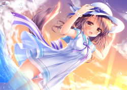 Rule 34 | 1girl, :3, :d, animal ear fluff, animal ears, arms up, blue bow, blue sailor collar, blush, bow, brown eyes, brown hair, cloud, commentary request, dog ears, dog girl, dog tail, dress, gluteal fold, hands on headwear, hat, hat bow, looking at viewer, open mouth, original, outdoors, panties, pink panties, sailor collar, sailor dress, shitou, short sleeves, sky, smile, solo, sun hat, sunset, tail, tail raised, thigh gap, underwear, wading, water, white dress, white hat
