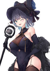 Rule 34 | 1girl, absurdres, azur lane, bare shoulders, black thighhighs, blue flower, blue rose, blunt bangs, blush, breasts, capelet, cheshire (azur lane), cheshire (cait sith crooner) (azur lane), china dress, chinese clothes, cleavage, covered navel, dress, elbow gloves, fang, flower, fur-trimmed capelet, fur trim, garter straps, gloves, green eyes, hat, hat flower, hat ribbon, highres, holding, holding microphone, large breasts, looking at viewer, microphone, official alternate costume, one eye closed, open mouth, purple dress, purple gloves, purple hair, purple hat, ribbon, rose, see-through, see-through cleavage, short hair, simple background, sleeveless, sleeveless dress, smile, solo, thighhighs, wat4si, white background