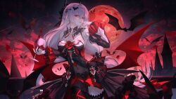 Rule 34 | 1girl, armpits, bare shoulders, bat (animal), bat wings, black dress, castle, cup, detached sleeves, dress, drinking glass, earrings, finger to mouth, highres, honkai (series), honkai impact 3rd, jewelry, long hair, looking at viewer, theresa apocalypse (luna kindred), moon, neon (pixiv 31150749), parted lips, red eyes, red moon, sky, solo, star (sky), starry sky, theresa apocalypse, theresa apocalypse (lunar vow: crimson love), vampire, very long hair, white hair, wine glass, wings