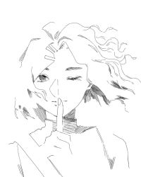 Rule 34 | 1girl, abstract, bad id, bad twitter id, borrowed character, closed mouth, finger to mouth, fingernails, greyscale, hatching (texture), highres, medium hair, monochrome, one eye closed, original, simple background, sketch, smile, solo, turtleneck, white background, zero808w