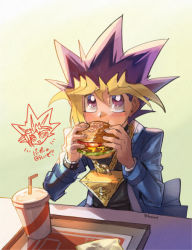 Rule 34 | 1boy, black shirt, blonde hair, blue jacket, blush, bright pupils, burger, commentary request, cup, disposable cup, drinking straw, dyed bangs, eating, food, fushitasu, hair between eyes, hands up, jacket, long sleeves, looking up, male focus, millennium puzzle, multicolored hair, muto yugi, open clothes, open jacket, purple eyes, purple hair, school uniform, shirt, solo, spiked hair, tray, white pupils, yu-gi-oh!, yu-gi-oh! duel monsters