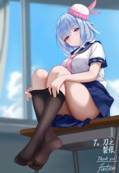 Rule 34 | 1girl, absurdres, black pantyhose, blue eyes, blue hair, blue sailor collar, blue skirt, blurry, blurry background, blush, clothes pull, commentary request, commission, desk, fanteam, feet, from below, haiyi, highres, knees up, legs, legs up, light blue hair, looking at viewer, necktie, on desk, pantyhose, pantyhose pull, pink necktie, pleated skirt, sailor collar, school desk, school uniform, sitting, skirt, smile, soles, solo, synthesizer v, thank you, thighs, toes, undressing, vocaloid