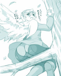 Rule 34 | 1girl, angel wings, ass, blush, boots, breath of fire, breath of fire iv, cameltoe, crotch, dr.p, dress, in tree, looking back, monochrome, nina (breath of fire iv), open mouth, panties, panties under pantyhose, pantyhose, pantyshot, short dress, simple background, sitting, smile, solo, translated, tree, trefoil, underwear, upskirt, white background, wings