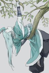 Rule 34 | 1boy, aqua hair, aqua horns, black pants, branch, closed eyes, drruraguchi, grey background, highres, horns, leaf, long hair, luo xiaohei zhanji, pants, plant, pointy ears, rope, simple background, solo, tree, very long hair, xuhuai (the legend of luoxiaohei)