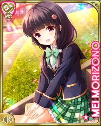 Rule 34 | 1girl, :d, black hair, blazer, blue jacket, bow, bowtie, card (medium), day, girlfriend (kari), green bow, green skirt, hair ornament, jacket, low twintails, morizono mei, official art, open mouth, orange eyes, outdoors, plaid, plaid skirt, pleated skirt, qp:flapper, school uniform, shoes, sitting, skirt, smile, socks, solo, stairs, sunset, twintails
