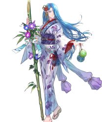 Rule 34 | 1girl, alternate costume, bamboo, blue eyes, blue hair, feet, female focus, fire emblem, fire emblem: path of radiance, fire emblem heroes, full body, hair over one eye, highres, japanese clothes, kimono, long hair, lucia (fire emblem), lucia (yukata) (fire emblem), matching hair/eyes, nintendo, non-web source, official alternate costume, official art, sandals, solo, standing, suzuki rika, toeless footwear, toes, yukata