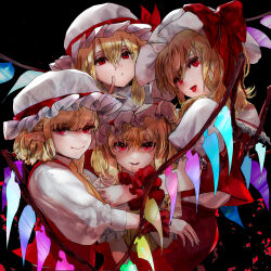 Rule 34 | 4girls, absurdres, ascot, black background, blonde hair, crystal wings, dress, eneshi, flandre scarlet, four of a kind (touhou), hat, highres, mob cap, multiple girls, open mouth, pointy ears, puffy short sleeves, puffy sleeves, red dress, red eyes, short sleeves, simple background, smile, tongue, tongue out, touhou, upper body, yellow ascot