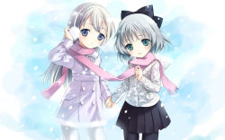 Rule 34 | 00s, 2girls, black pantyhose, blue eyes, earmuffs, eila ilmatar juutilainen, green eyes, highres, holding hands, jpeg artifacts, kimishima ao, long hair, multiple girls, pantyhose, sanya v. litvyak, scarf, shared clothes, shared scarf, short hair, silver hair, snow, strike witches, wallpaper, white pantyhose, world witches series, yuri