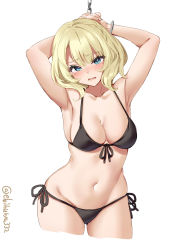 Rule 34 | 1girl, alternate costume, armpits, arms up, bikini, black bikini, blonde hair, blue eyes, blush, bound, bound wrists, braid, breasts, chain, chained, cleavage, colorado (kancolle), cowboy shot, cuffs, ebifurya, front-tie bikini top, front-tie top, handcuffs, highres, kantai collection, large breasts, navel, open mouth, own hands together, short hair, side-tie bikini bottom, side braids, simple background, solo, stomach, swimsuit, tears, twitter username, white background