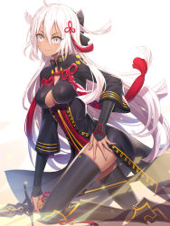 Rule 34 | 1girl, ahoge, arm guards, armored boots, black coat, black footwear, black ribbon, black thighhighs, boots, breasts, brown eyes, cleavage, cleavage cutout, closed mouth, clothing cutout, coat, commentary request, dark-skinned female, dark skin, fate/grand order, fate (series), fingernails, hair between eyes, hair ornament, hair ribbon, highres, holding, holding sword, holding weapon, katana, knee boots, light particles, long hair, long sleeves, looking at viewer, medium breasts, nail polish, okita souji (fate), okita souji alter (fate), pink nails, revision, ribbon, ririko (zhuoyandesailaer), skindentation, solo, sword, tassel, thighhighs, thighs, v-shaped eyebrows, very long hair, weapon, white hair