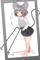 Rule 34 | 1girl, ahoge, animal ears, barefoot, black skirt, blush, bob cut, cellphone, collared shirt, commentary, dowsing rod, dress, full body, grey hair, highres, holding, light frown, long sleeves, looking at viewer, mamemochi, miniskirt, mouse ears, mouse girl, mouse tail, nazrin, open mouth, phone, fake phone screenshot, red eyes, see-through, shirt, short dress, short hair, skirt, smartphone, solo, standing, tail, touhou, translated, white shirt