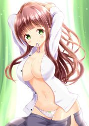 Rule 34 | 1girl, areola slip, arms up, backlighting, blurry, blurry background, blush, bow, bow panties, breasts, brown hair, clothes pull, collared shirt, commentary request, curtains, day, depth of field, dress shirt, floral print, gluteal fold, gochuumon wa usagi desu ka?, green eyes, grey skirt, groin, hair tie, hair tie in mouth, highres, large breasts, long hair, looking at viewer, mouth hold, navel, open clothes, open shirt, open skirt, panties, print panties, shirt, skirt, skirt pull, solo, sunlight, tying hair, ujimatsu chiya, underwear, very long hair, white panties, white shirt, xenon (for achieve)