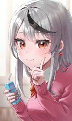 Rule 34 | 1girl, absurdres, alternate costume, drink, drinking straw, earrings, grey hair, highres, holding, holding drink, hololive, jewelry, landl, multicolored hair, nail polish, red eyes, sakamata chloe, streaked hair, sweater, virtual youtuber